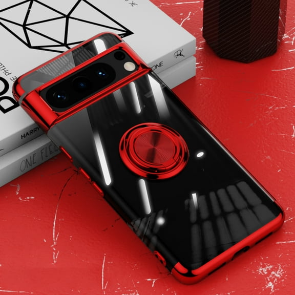 Compatible with Google Pixel 9 Case Clear Shockproof Silicone Phone Cases with Ring Holder,[Supports Magnetic Car Mount] Magnetic 360 Rotation Kickstand Thin Soft TPU Protective Cover,Red