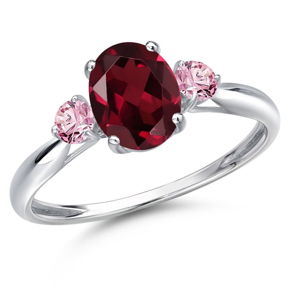 Gem Stone King 10K White Gold Red Rhodolite Garnet and Pink Lab Grown Diamond 3-Stone Ring for Women | 1.61 Cttw | Oval 8X6MM | Gemstone January Birthstone | Size 7