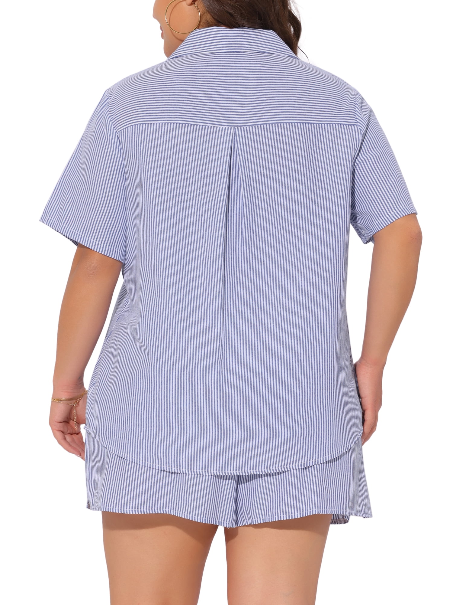 DARING DIVA Women's Plus 2 Pcs Striped Button Down Outfit Short Sets 3X Blue and White
