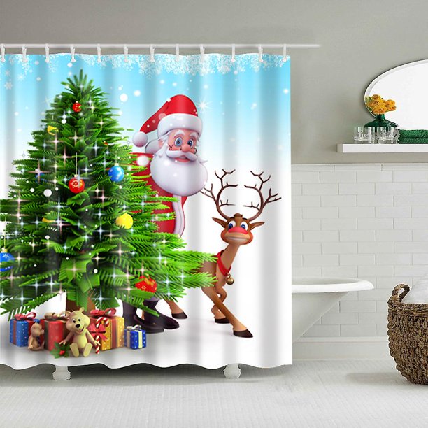 Cortina de ducha YONGSHENG de poliéster impermeable con ciervos de Feliz Navidad 71 12 ganchos
