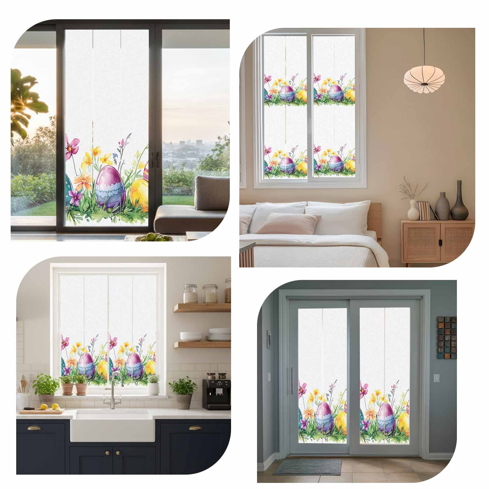 Easter Eggs Window Privacy Film, Green Yellow Purple Egg Spring Purple Yellow Floral Leaf Frosted Glass Window Clings Static Cling UV Heat Blocking Reusable Door Sticker for Bedroom 23.6x78.7 Inch