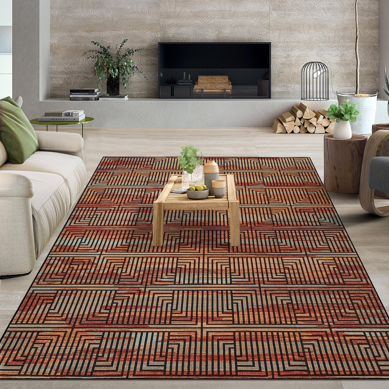 Outdoor Rug, 10x13ft Bordered Modern Area Rugs for Indoor and Outdoor Patios, Porches Waterproof Washable Porch Deck Outside Carpet