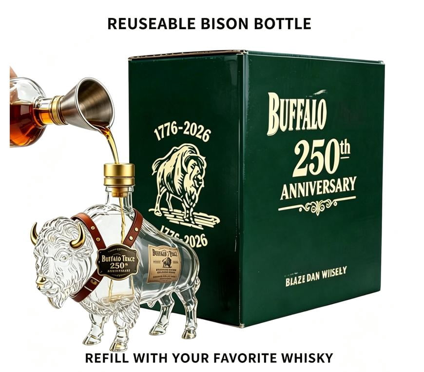 250th Anniversary 3D Bison Buffalo Shaped Glass Decanter, Hand Carved Spirit Liquor Bottle with Green Gift Box, Western Wildlife Bar Display Decor Gift for Bourbon Lovers