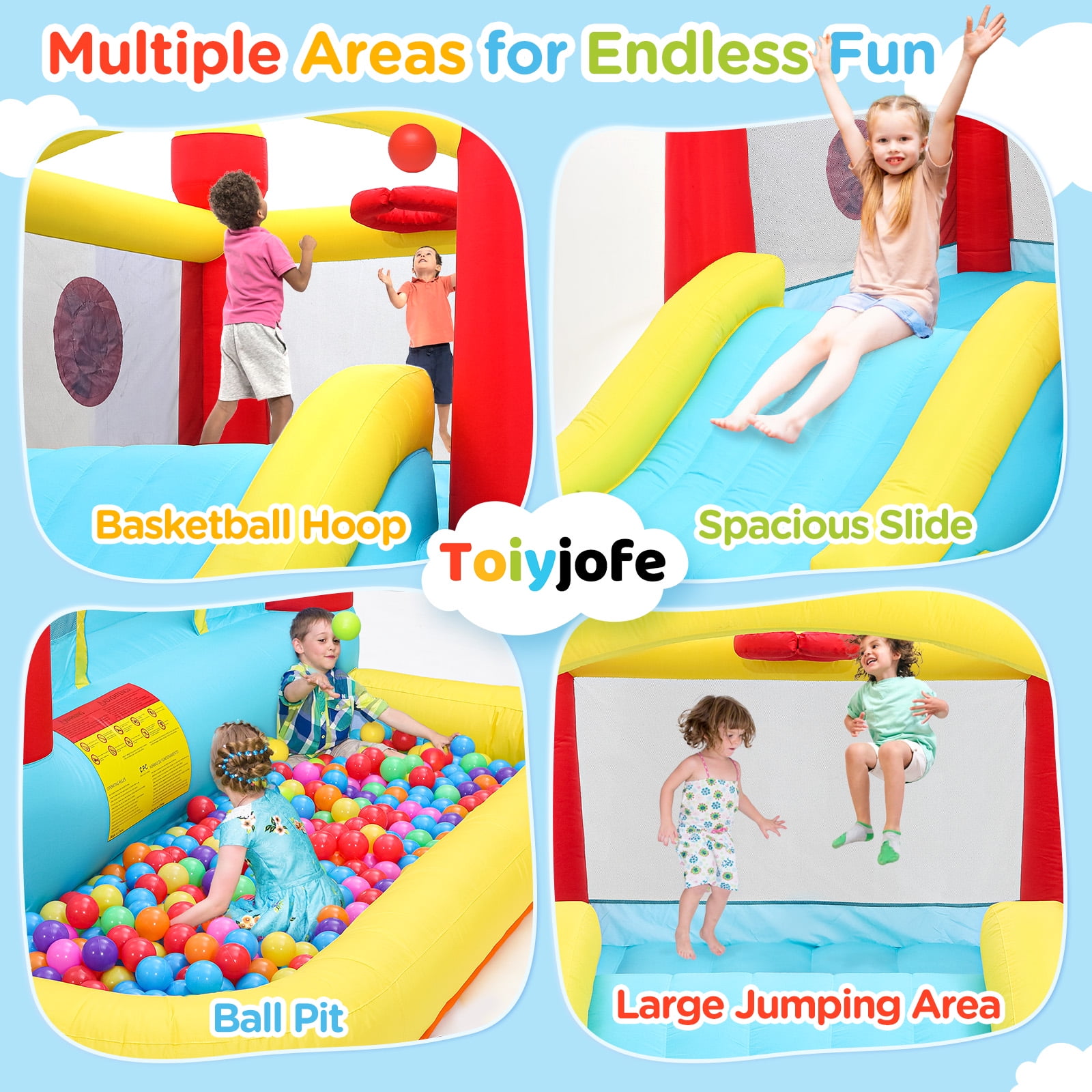 Toiyjofe Inflatable Bounce House with Slide & Ball Pit, Kids Bouncy Castle with Blower, Backyard Play Center for Kids 3-6, Indoor Outdoor Party Use