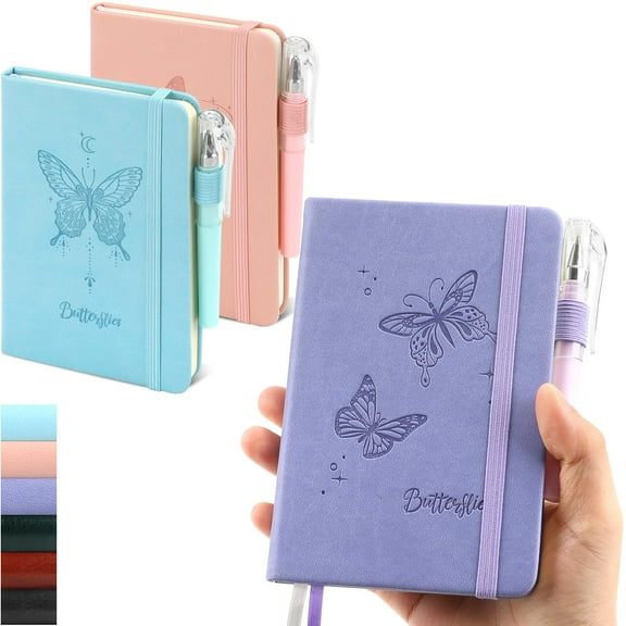 3.7x5.7 Inch A6 Notebook 3 Pack, Butterfly Design Lined Pages, Mini Hardcover Pocket Notepad for Business Office Travel Journaling, Multicolor