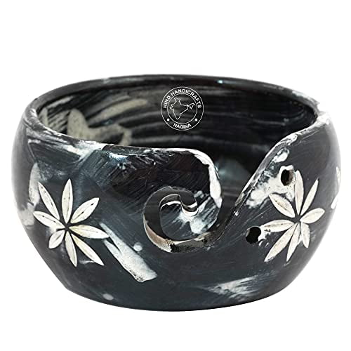 Premium Solid Dark HardWood Crafted Wooden Portable Antique Yarn Bowl Holder for Knitting Crochet - Christmas Gift Set | Hind Handicrafts (6" x 6" x 3", Whitewashed)
