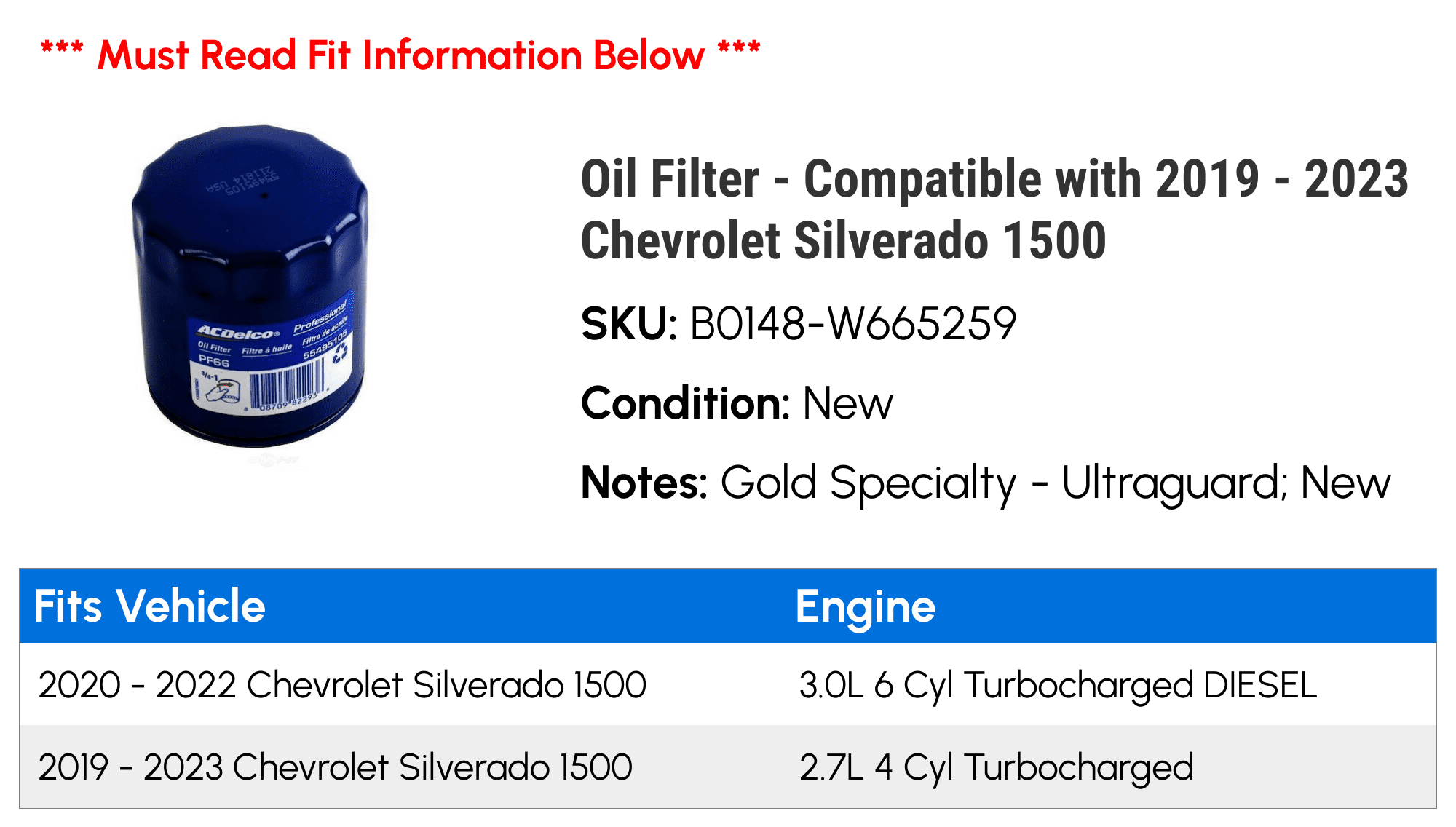 Oil Filter - Compatible with 2019 - 2023 Chevy Silverado 1500 2020 2021 2022