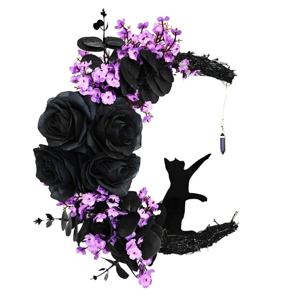 Corona de gato lunar con flores y decoración para puertas Gato lunar de Halloween Regalo para el hogar Decoraciones para fiestas de Halloween para amantes de los gatos