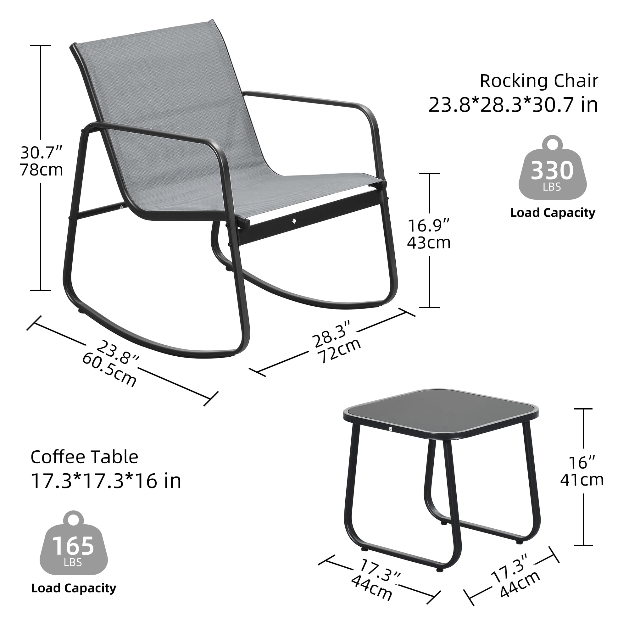 Uforic 3 Pieces Outdoor Patio Conversation Set, Textilene Patio Bistro Set with Coffee Table, Modern Rocking Bistro Chair - Gray