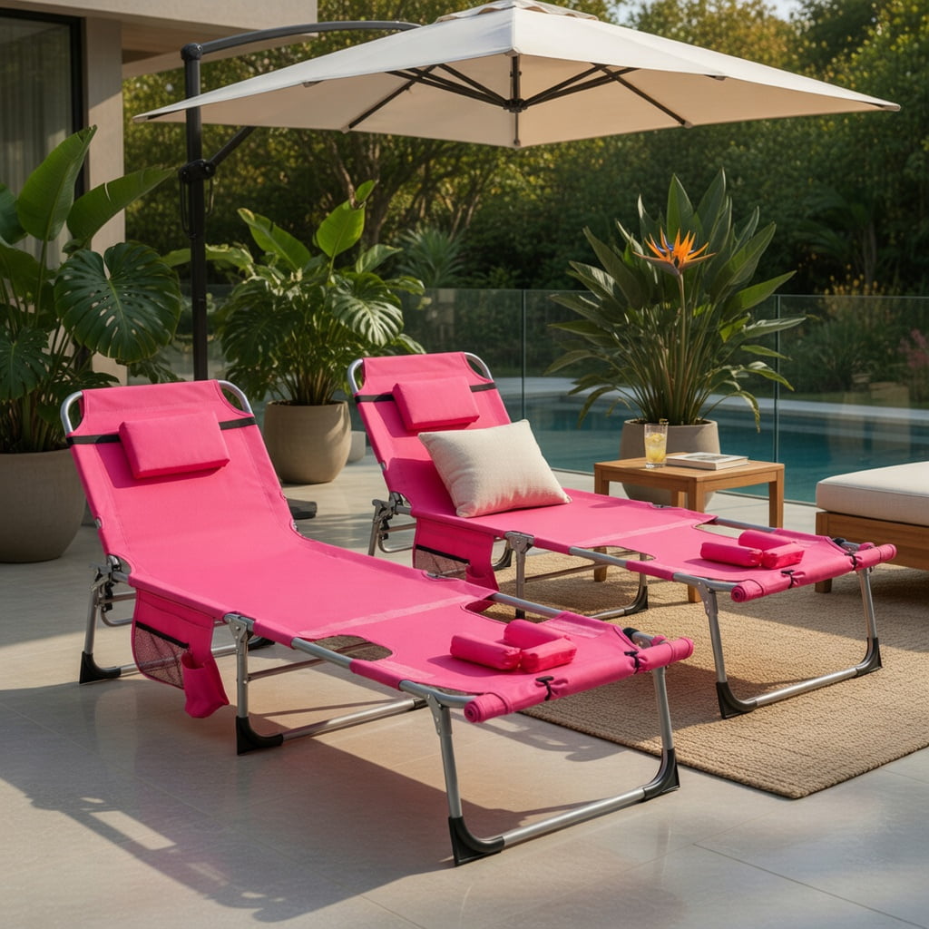 Hommoo 5-Position Adjustable Outdoor Folding Chaise Lounge Chair with Removable Pillow, Pink
