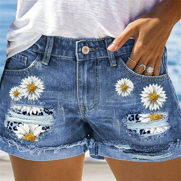 Womens Shorts Women's Denim Shorts Casual Fashion Shorts Hot Pants Jean Shorts for Women Ripped Printed Patch Denim Shorts Women's High Waist Curly Jeans Shorts for Womens Fahion