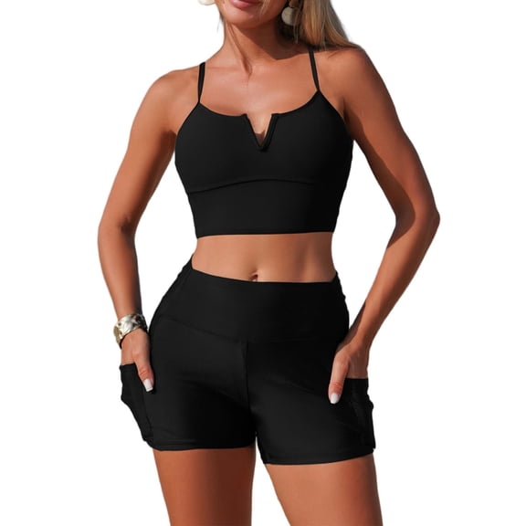 cocolona Womens Bikini Swimsuits Fashion Solid Color V Neck Two Piece Modest Bathing Suits with Shorts