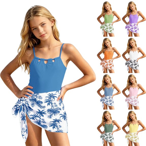 Girls Strappy Hollow Out One Piece Swimsuit, Solid Color Bodice with Netted Skirt, Beach Style Kids Swimwear