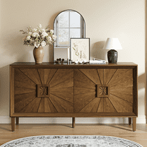 Atumcto 60" Rustic Farmhouse Buffet Sideboard Cabinet with Storage, Elegant Antique Antique Brown Credenza with Symmetrical Sunburst Doors, Adjustable Shelves for Living Room or Hallway