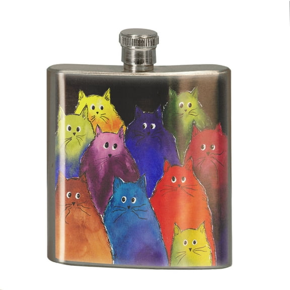 KuzmarK 6 oz. Stainless Steel Pocket Hip Liquor Flask - Very Colorful Two-Toned Silly Maine Coon Kitties Black Background Art by Denise Every
