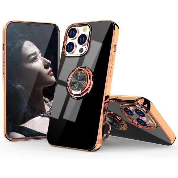 Compatible with iPhone 13 Pro Max Case, Clear Cover Ultra Slim Soft TPU Case Built-in 360 Rotatable Ring Kickstand Fit Magnetic Car Mount for iPhone13 Pro Max 6.7 inch, Black1