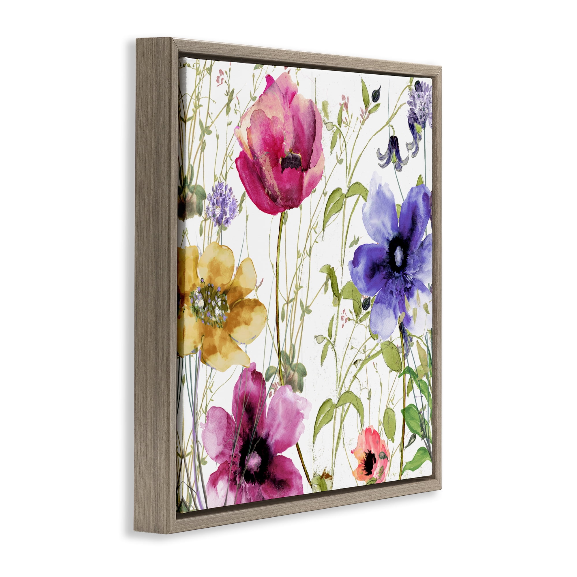 Botanical Spring Garden Blooms Brown Framed Floater Canvas Wall Art, design by Sasha