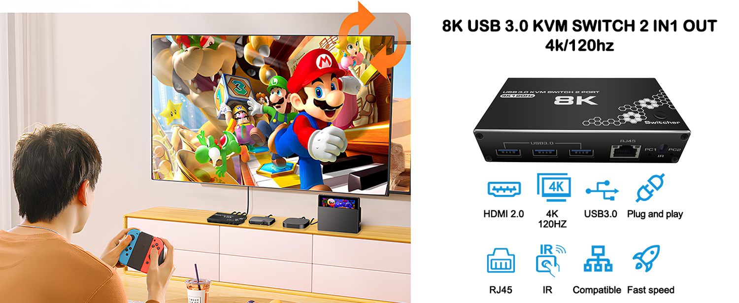 AUBEAMTO 4K/120HZ HDMI KVM Switch, USB 3.0 Switcher, KVM Switcher Support 8K@30Hz, 4K/120HZ, 1080/240HZ, 2 Computers Share 3 USB Hub Keyboard Mouse Switch and 1 RJ45 Ethernet Switch with Remote