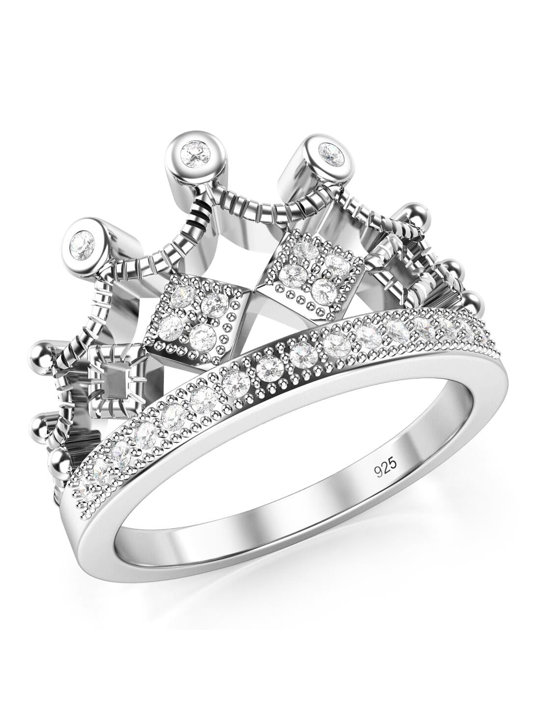 925 Sterling Silver Cubic Zirconia Princess Crown Tiara CZ Band Ring Sz