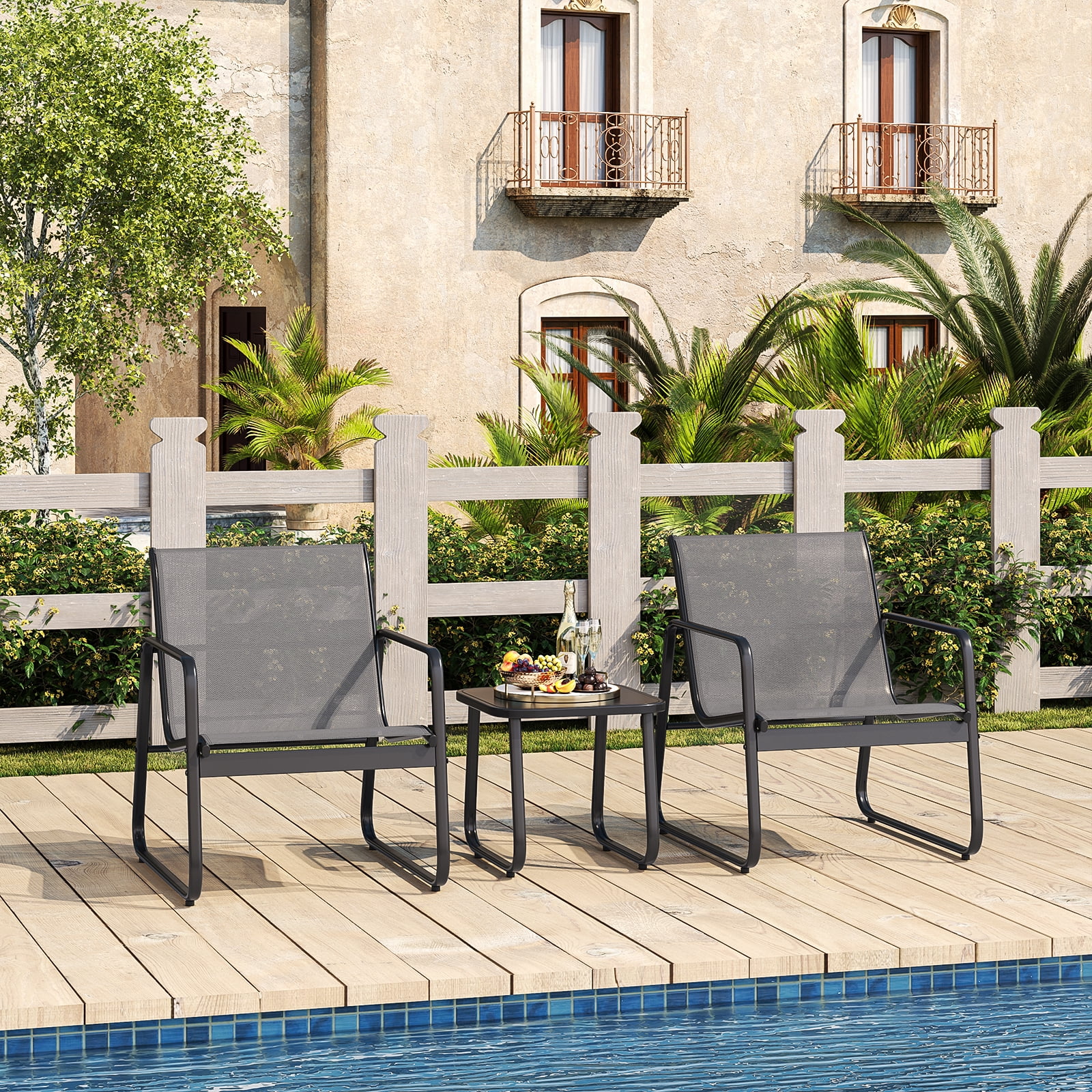 3 Pieces Patio Furniture Set with Metal Frame Glass Table, Bistro Table and Chairs Set for Lawn - Gray