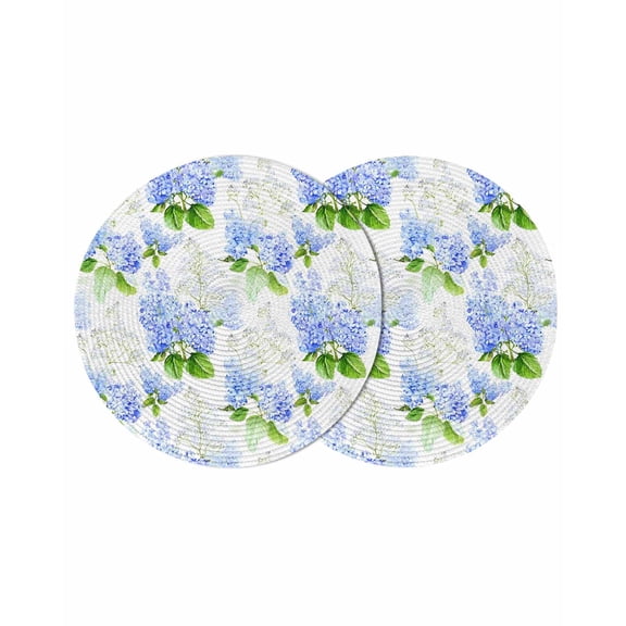 Summer Hydrangeas Round 13 Inch Placemats Set of 2, White Blue Flowers Pastoral Leaves HeatResistant Non Slip Place Mats for Dining Table, Wipeable Braided Kitchen Table Mats for Housewarming