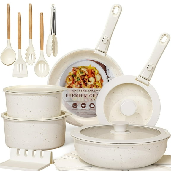 Set de ollas y sartenes Astercook, 21 unidades, cerámica antiadherente, color crema