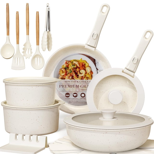 Set de ollas y sartenes Astercook, 21 unidades, cerámica antiadherente, color crema