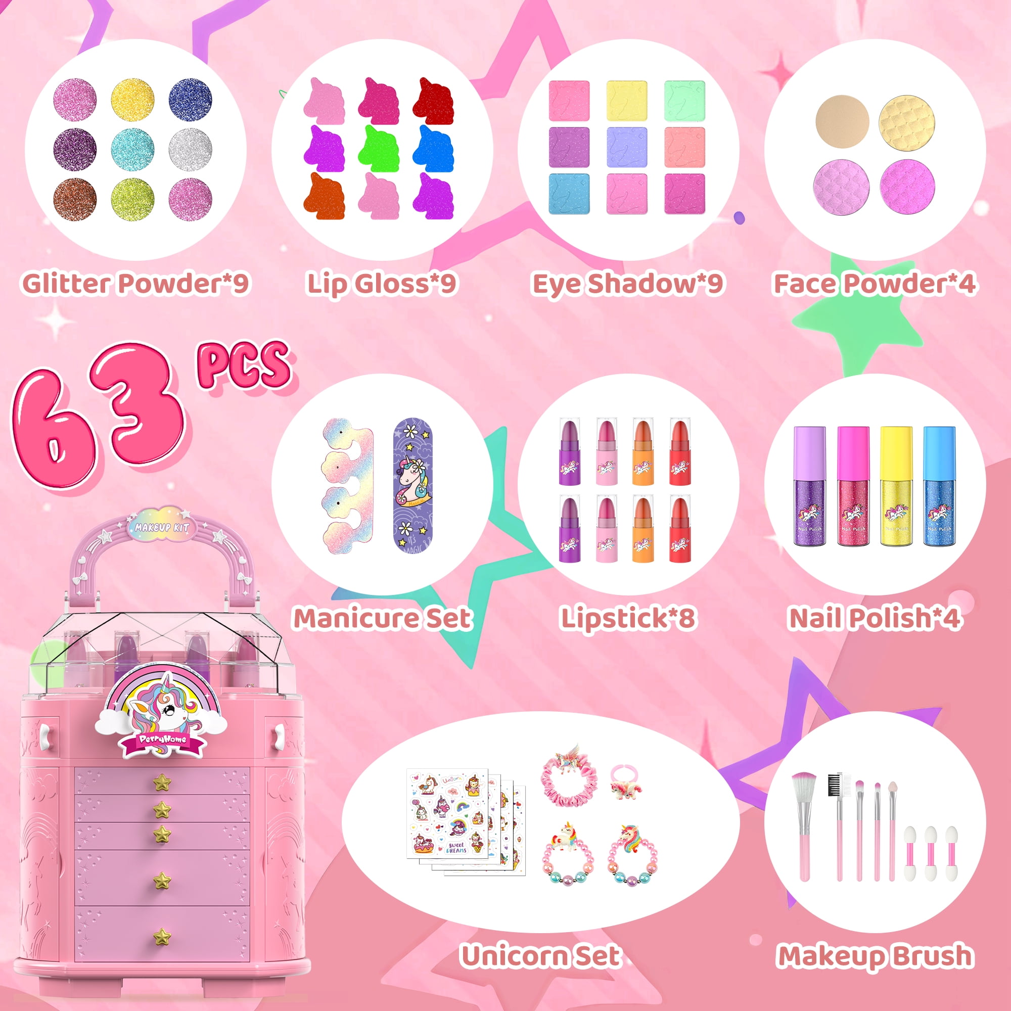 PERRYHOME Kids Makeup Kit for Girl Toys,Real Washable Unicorn Makeup Set Little Girl Makeup, Toddler Pretend Play Makeup Set Toys for Girls Age 3-12 Christmas Birthday Gifts (Pink)