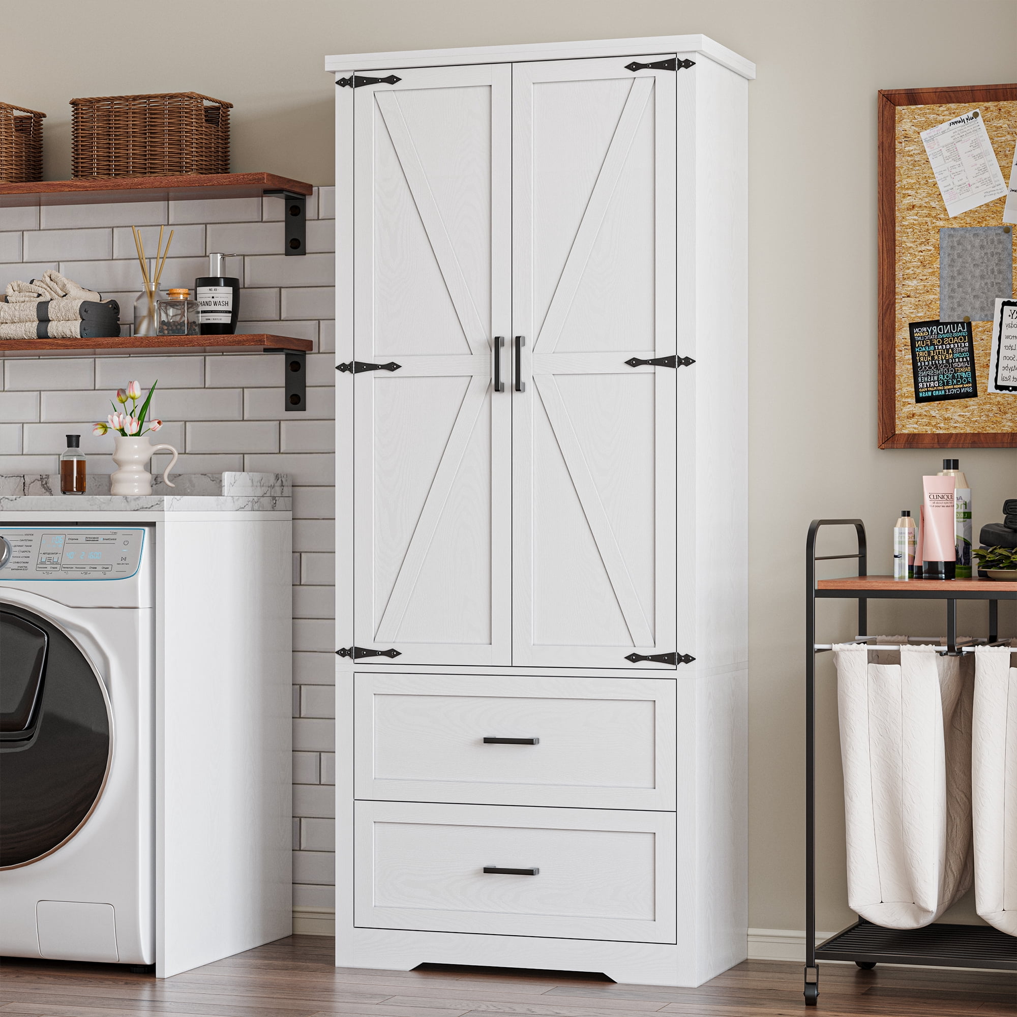 Pantry Organizers and Storage Cabinet, 71'' Barn Door Kitchen Cabinet with Drawers and Adjustable Shelf, Tall Pantry for Kitchen, Dining Room, Living Room. Bathroom and Office