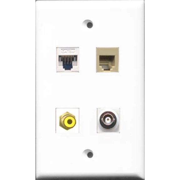RiteAV 1 Port RCA Yellow and 1 Port Phone RJ11 RJ12 Beige and 1 Port BNC and 1 Port Cat5e Ethernet White Wall Plate