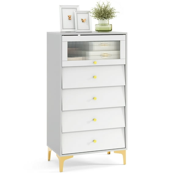 Gymax 4 Drawer Dresser 44.5'' Tall Dresser Chest of Drawers w/Flip-up Fluted Glass Door
