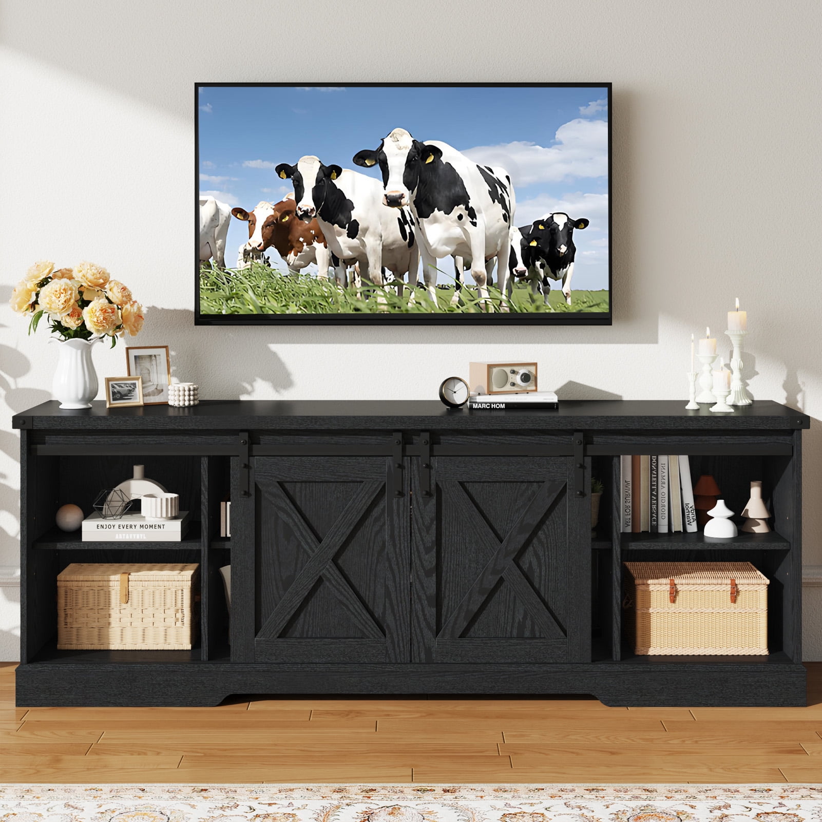 70" Farmhouse TV Stand for 75 Inch TVs with Sliding Barn Door, Rustic Wood Entertainment Center Large Media Console Cabinet for Living Room