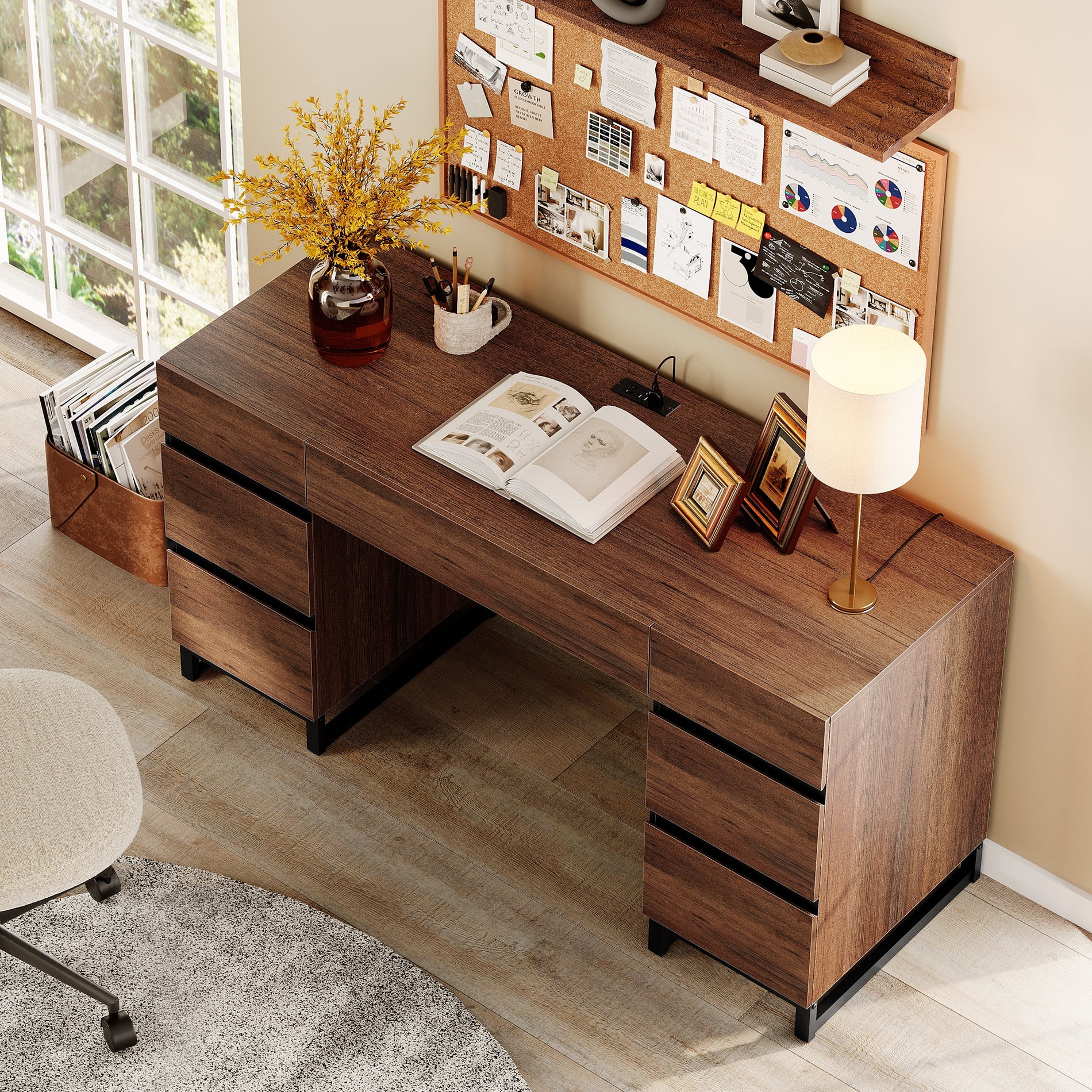 WAMPAT Office Furniture Set: 59in Modern Executive Desk with Charging Station & Drawers and four 72in Tall Bookcases with Storage Cabinet, Home Office Furniture for Living Room, Brown