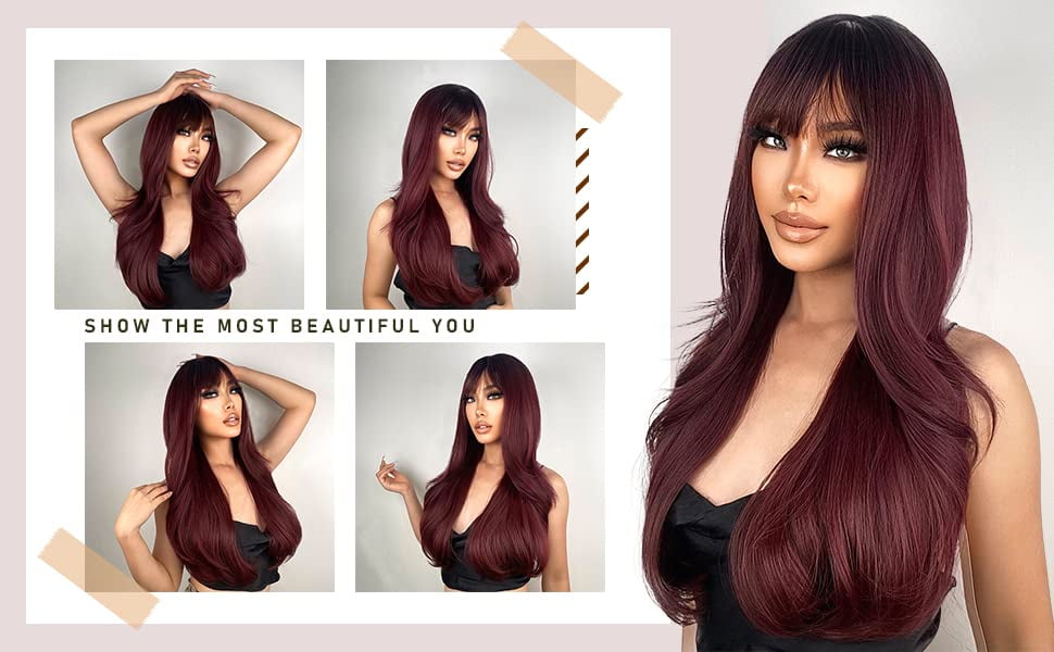 DOPI Light Brown Wigs for Women Brown Wig with Bangs 24‘’Ombre Brown Wig with Dark Roots Long Layered Wig Heat Resistant Synthetic Wig Natural Looking Wigs for Daily Party Use