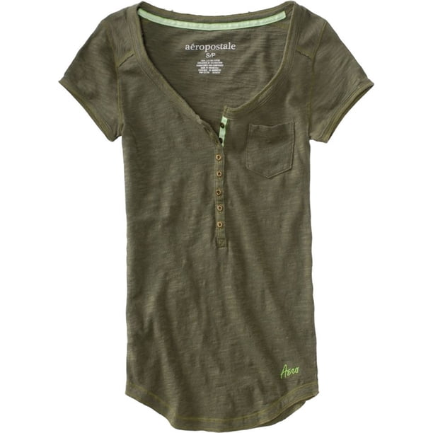 Aeropostale - Camiseta henley con costura cosida para mujer, verde, pequeña