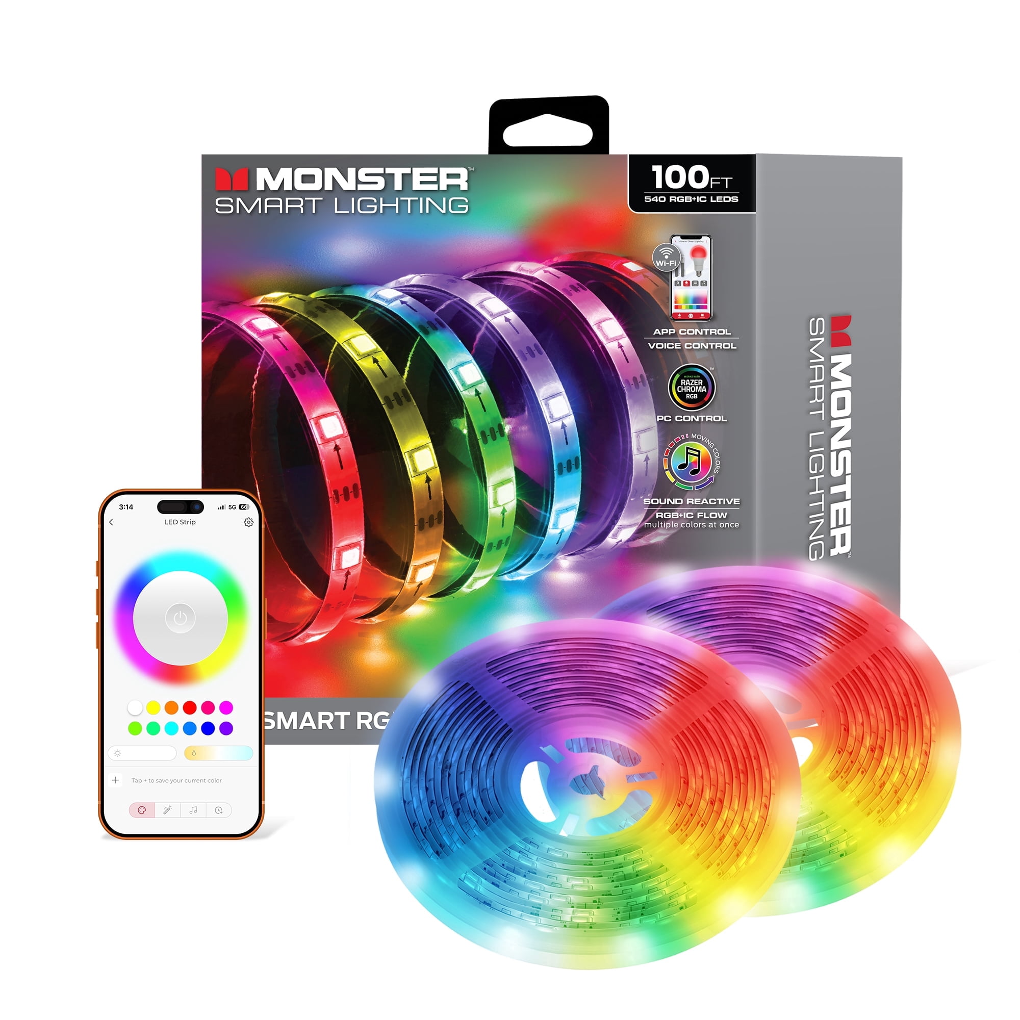 Monster Smart 100ft Indoor Multi-Color Flow LED Light Strip, Sound Reactive, Razer, Corded Electric