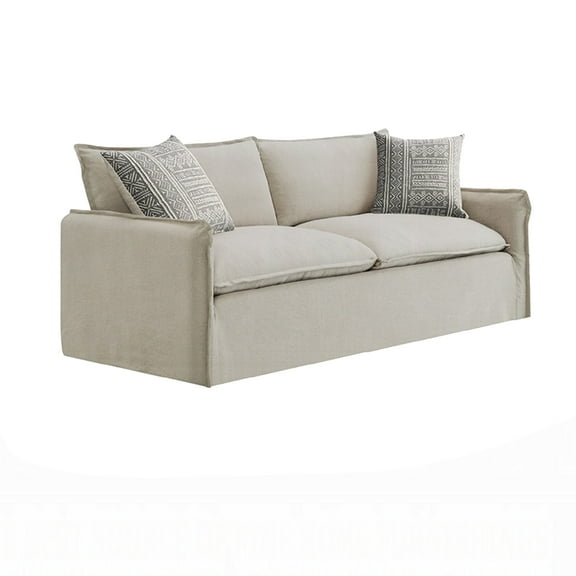 Savoir Sofa, 2 Accent Pillows, Contemporary Beige Linen Fabric 84 Inch