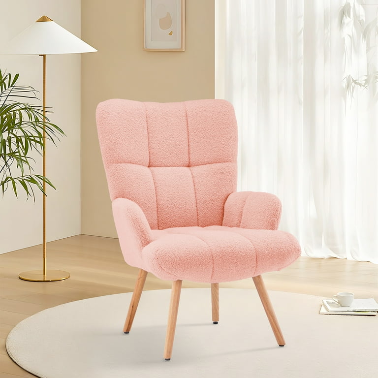 FERPIT Upholstered Teddy Velvet Wingback Accent Chair with Rubberwood Legs Warm and Cozy for Living Room Reading Chair 350LB Weight Capacity Pink