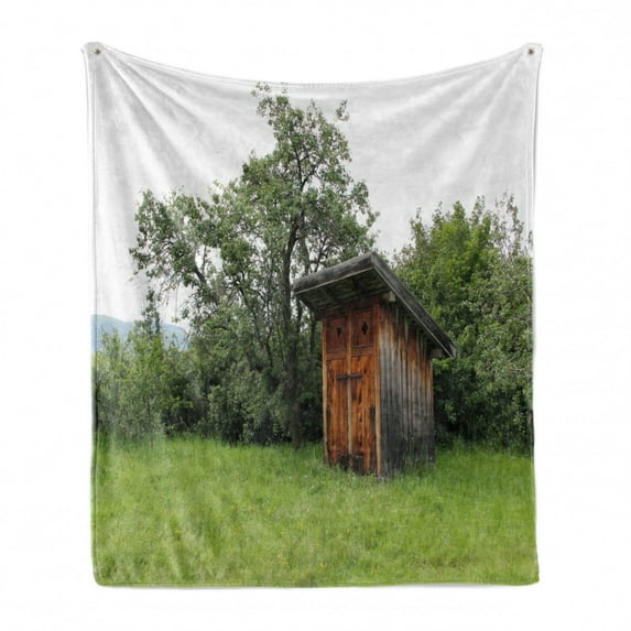 Outhouse Soft Flannel Fleece Throw Blanket, Wooden Little Hut Barn Shed Cottage in Nature Forest Image, Cozy Plush for Indoor and Outdoor Use, 70" x 90", Green Brown Forest Green, by Ambesonne