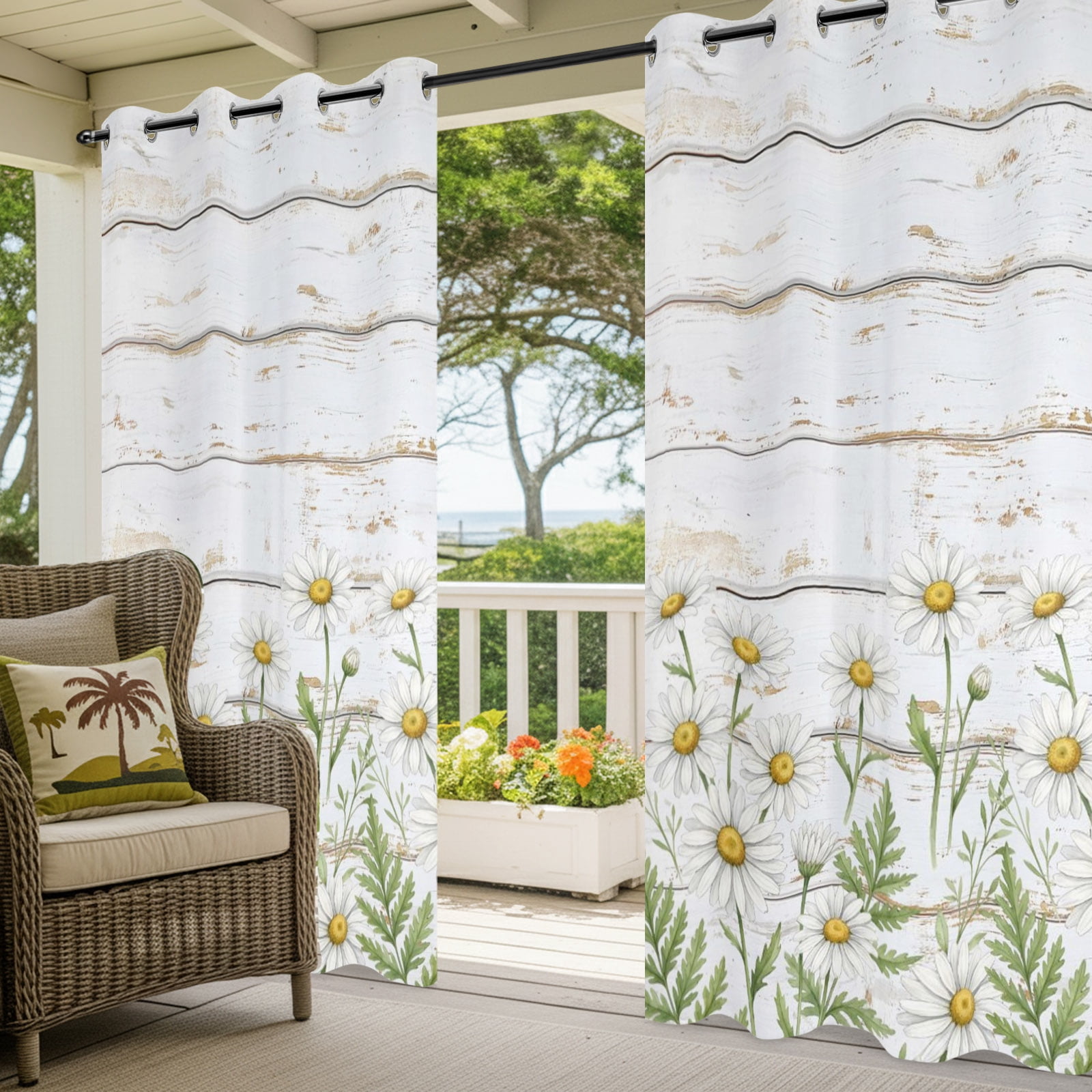 Spring Daisy Outdoor Curtains for Patio, Rustic Wildflower White Wood Striped Botanical Sunshade Privacy Drapes Grommet Waterproof Outside Curtains for Porch/Cabana/Balcony 54"x 108", 1 Panel