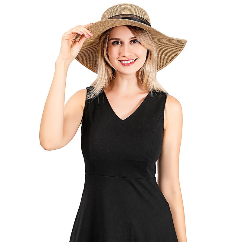 Women Summer Beach Straw Sun Hat Wide Brim Panama Foldable Cap Vintage Bow Hat