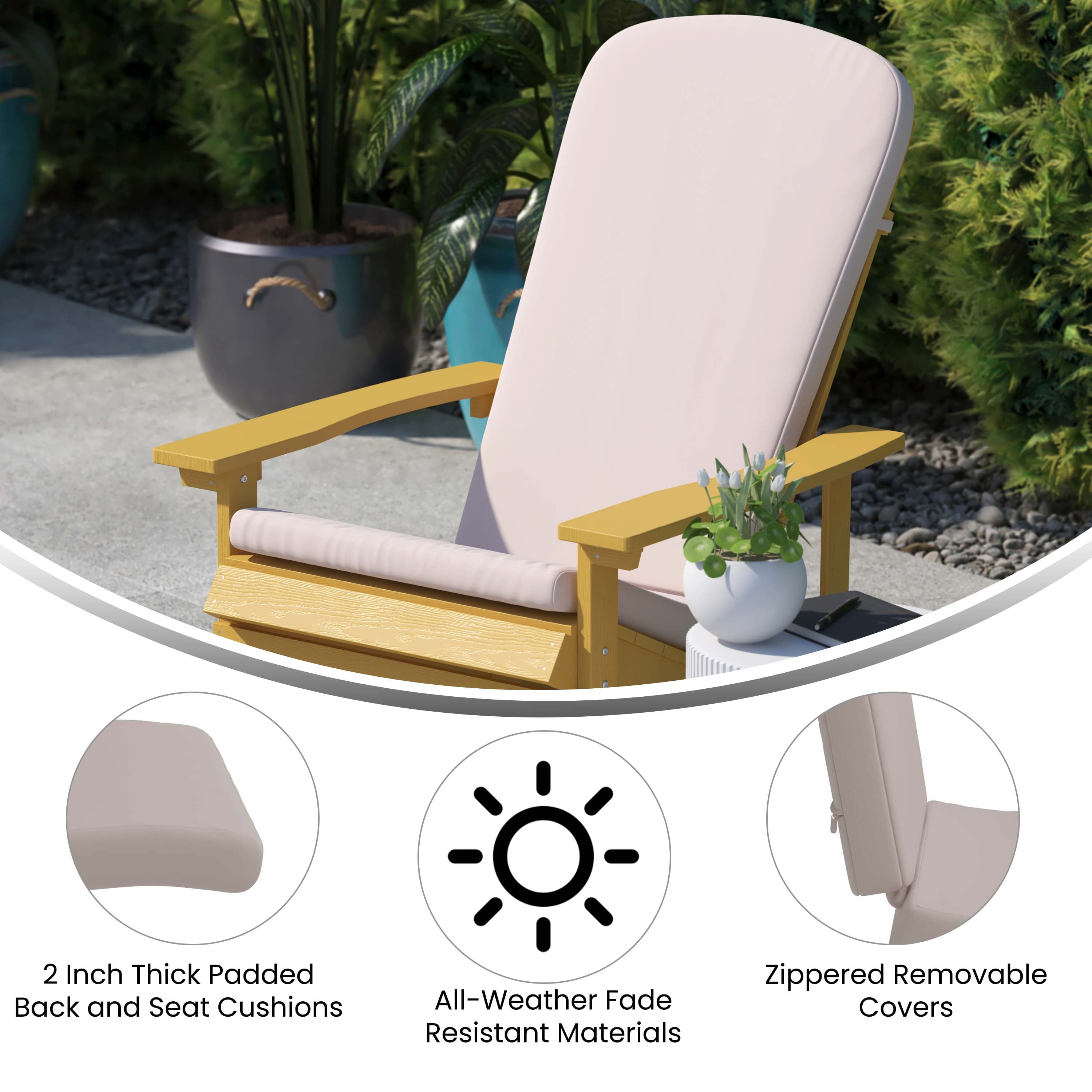 Emma + Oliver Set of Two Green All-Weather Polyresin Adirondack Chairs with Cream Cushions