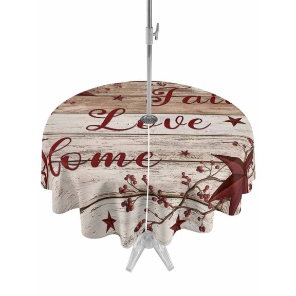 Outdoor Tablecloth with Umbrella Hole for Patio/Picnic/Party/Camping, Vintage Farmhouse Waterproof Table Cloth Round Cover Washable, Brown Country Star Berries Wooden Grain (Dia 60")