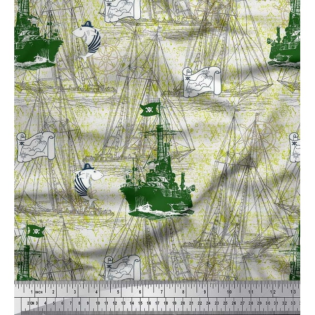 Soimoi Poly Georgette Fabric Fish & Ship Ocean Print Fabric by Yard 52 Inch Wide