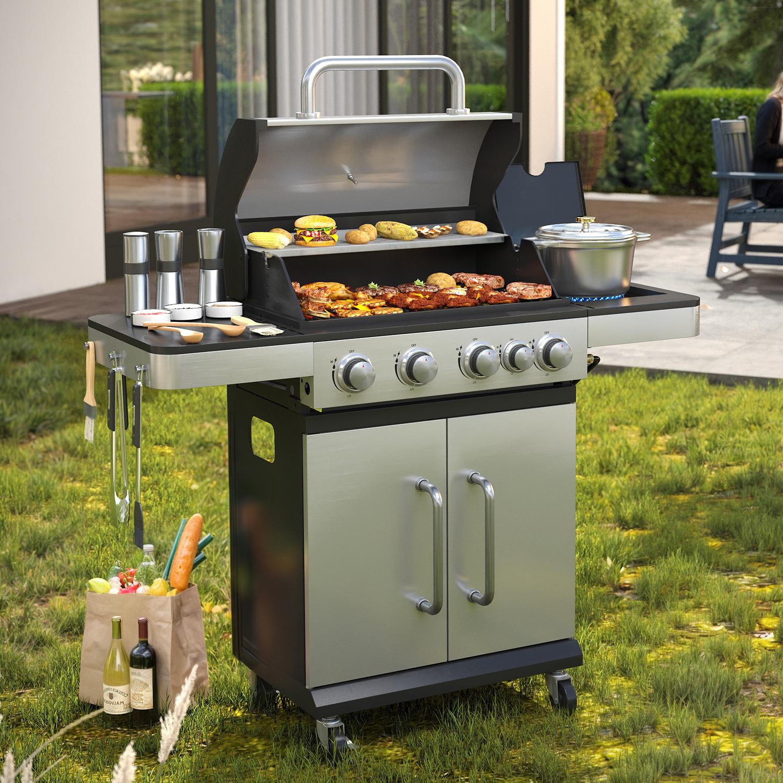 Vicllax 4-Burner Outdoor Propane Gas Grill with Side Burner Side Table BBQ Stainless Steel