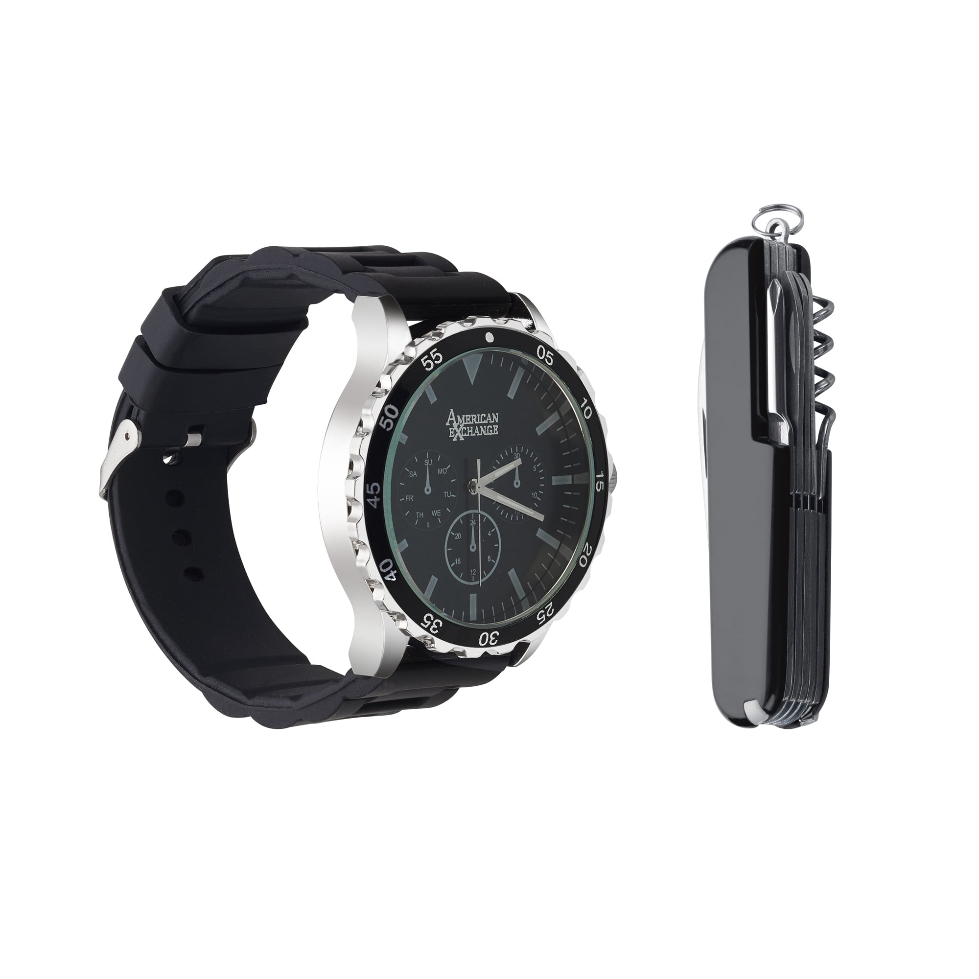American Exchange Men's Black Rubber Strap 50mm Analog Watch & Multi-Purpose Tool