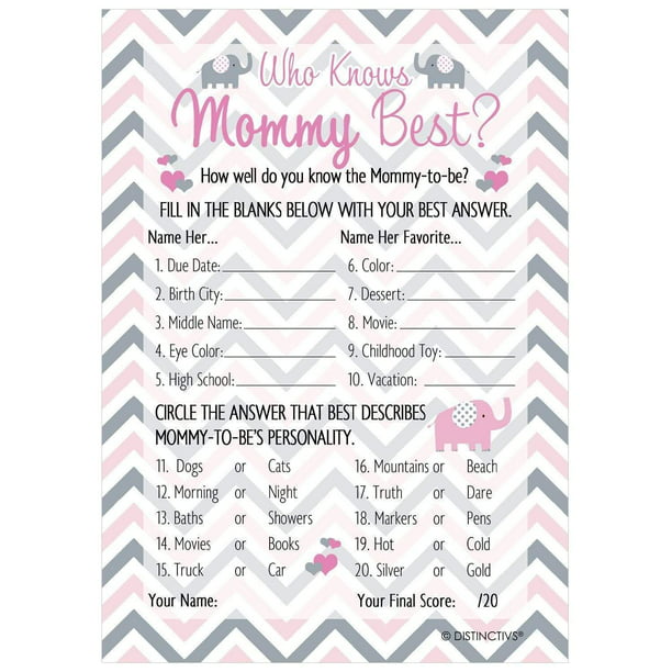 Chevron Pink Elephant Who Knows Mommy Best Baby Shower Game - 20 Party ...