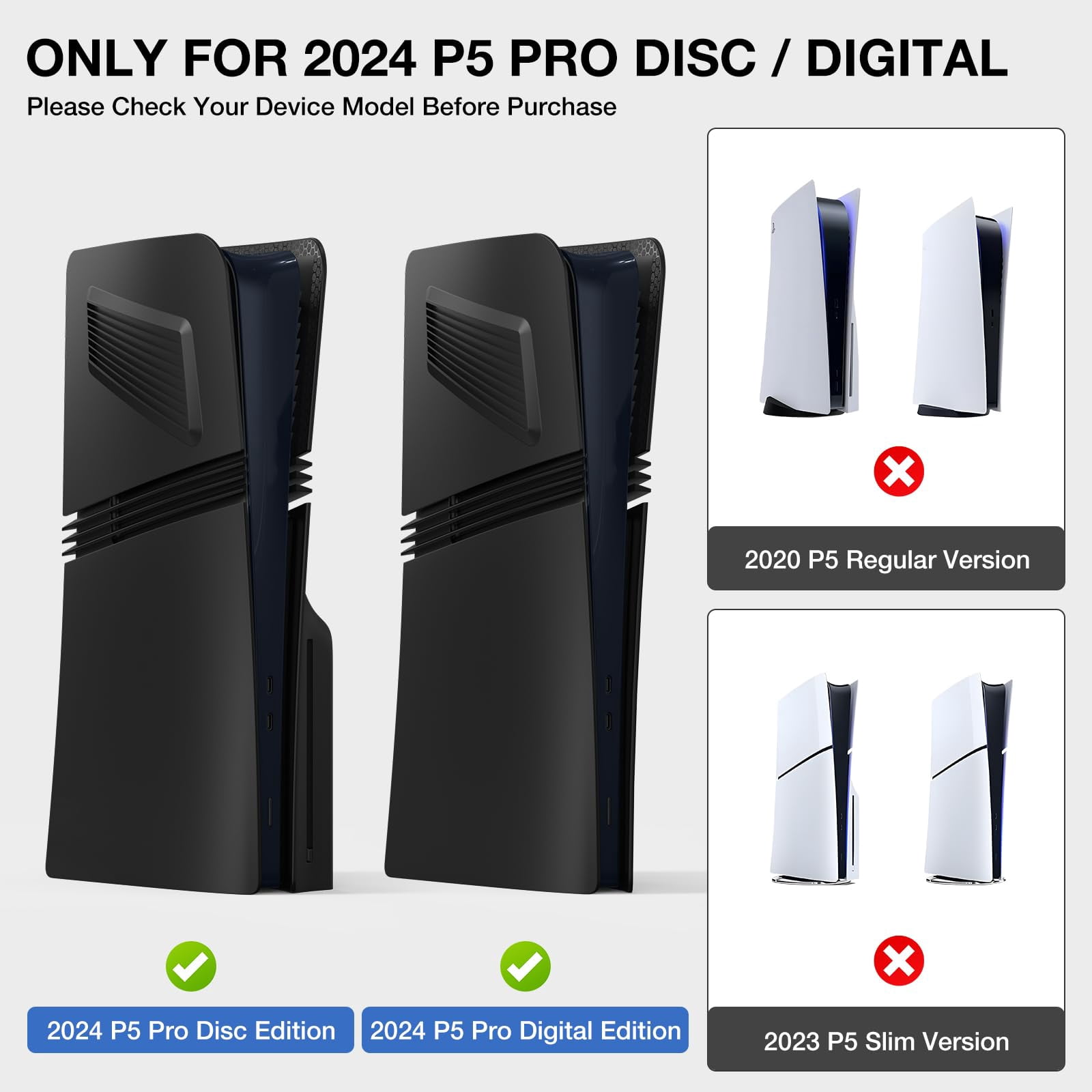 4 in 1 Black Plates for PS5 Pro Disc and Digital Edition, Faceplate for PS5 Pro with Cooling Vent, Face Plate Console Accessories Cover ABS Dustproof Replacement Side Shell Case Black