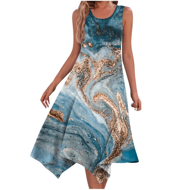 Penkiiy Robe d'Été Décontractée Sans Manches pour Femmes Robe de Plage avec Poches m Bleu
