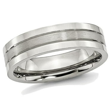 Mens Chisel Stainless Steel 6mm Grooved Satin and Polished Wedding Band Ring
